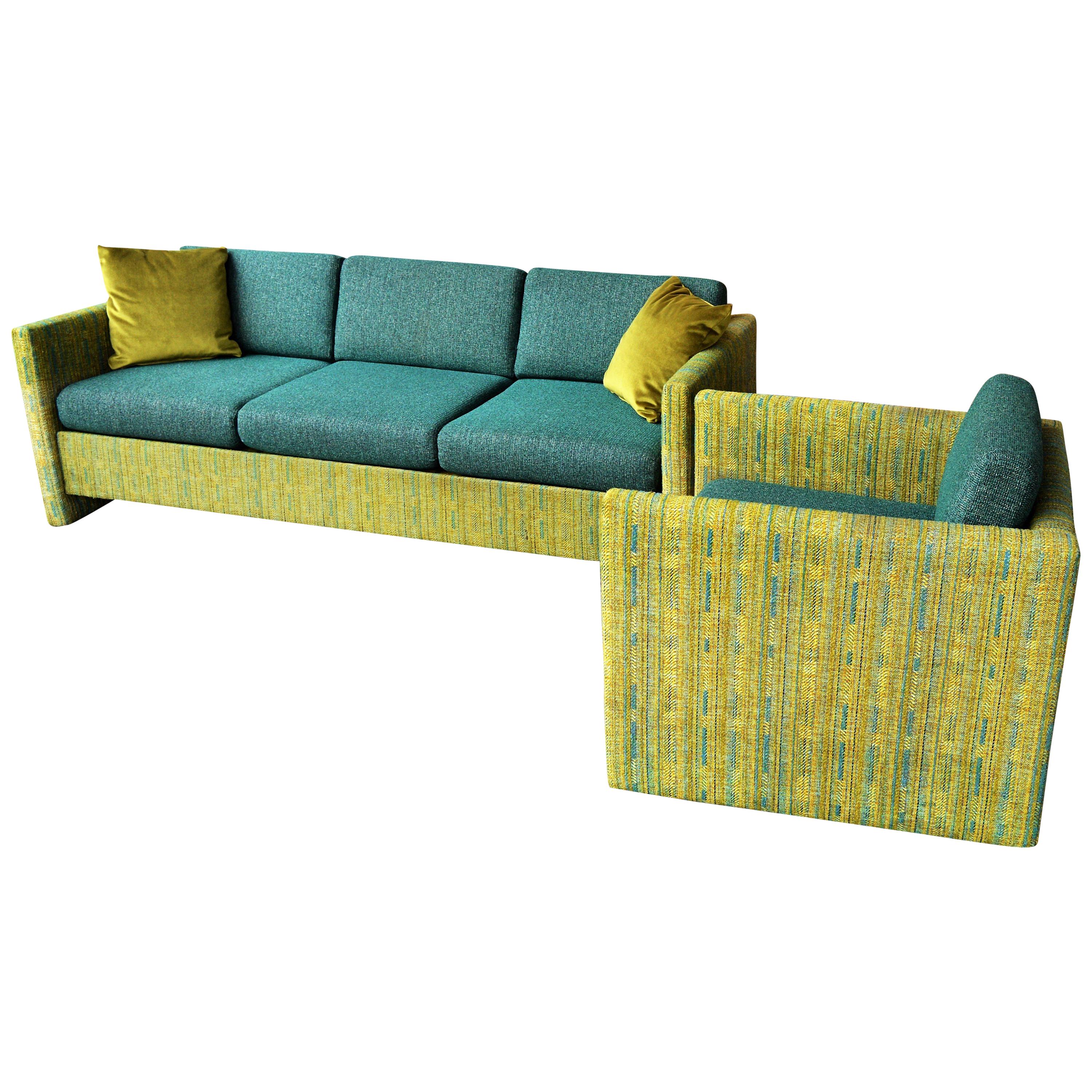 Midcentury Sofa and Club Chair in Teal Wool Cushions with Contrasting Print