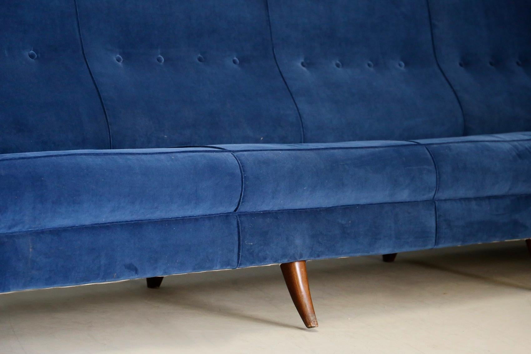 Sofa attributed to Gio Ponti for Isa Bergamo in Blue Velvet, Restored 1950s 1