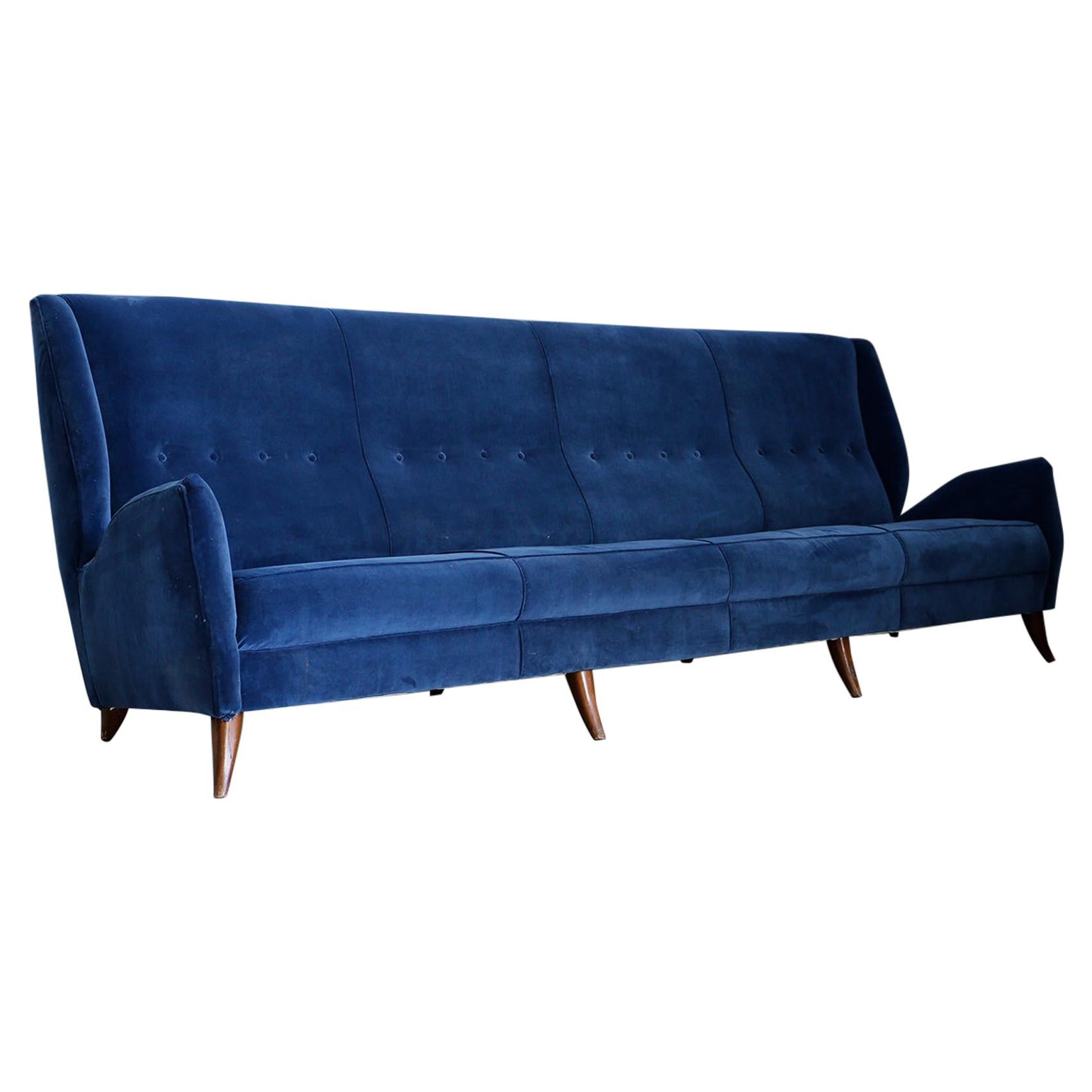 Sofa attributed to Gio Ponti for Isa Bergamo in Blue Velvet, Restored 1950s