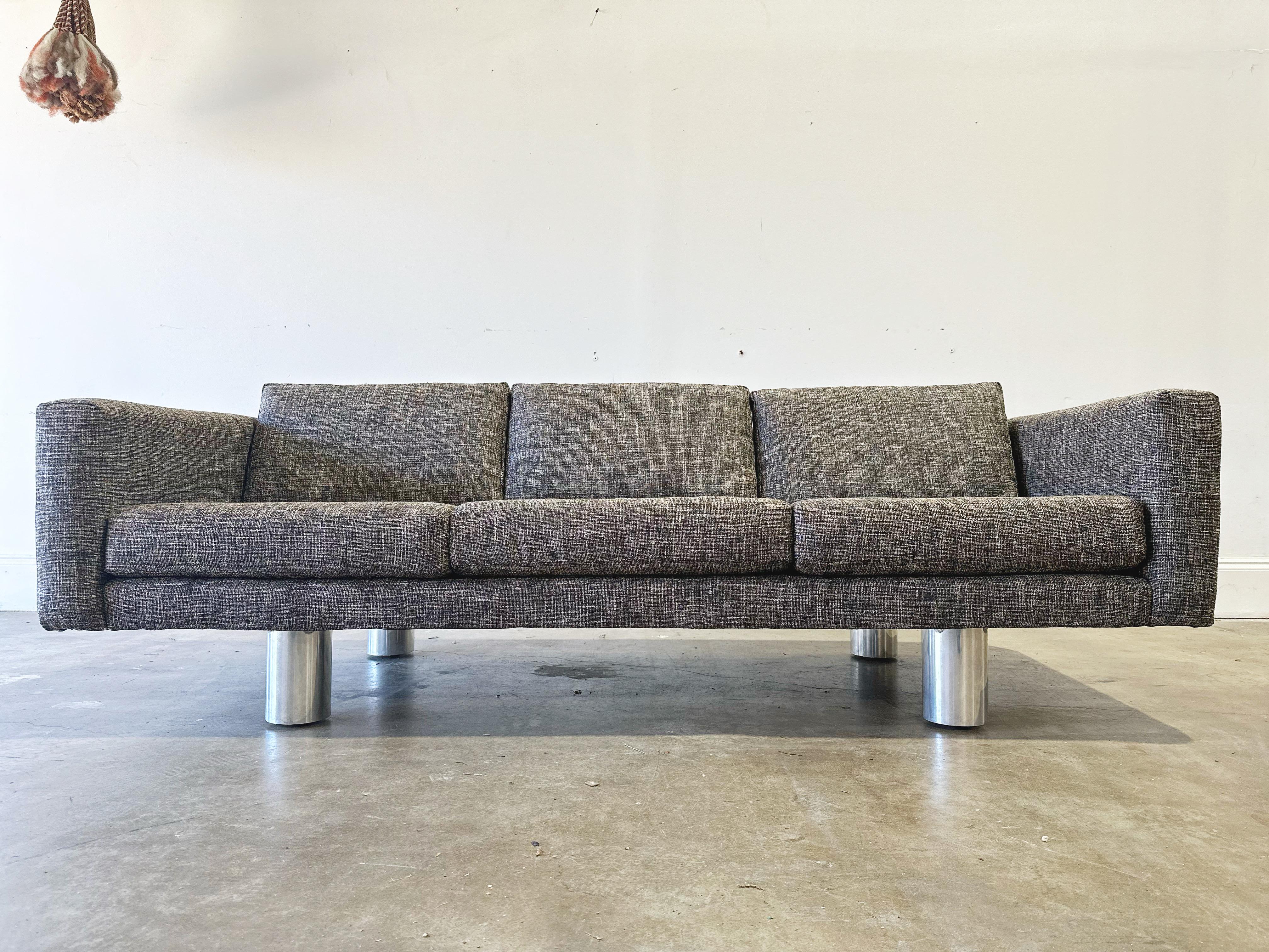 Midcentury Sofa by Selig, Tuexdo Style, Polished Chrome Cylinder Drum Legs 2