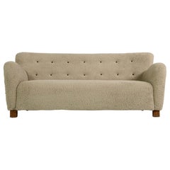 Midcentury Sofa, Denmark 1950s, Teddy Fur & Tufted Leather, Mogens Lassen Style