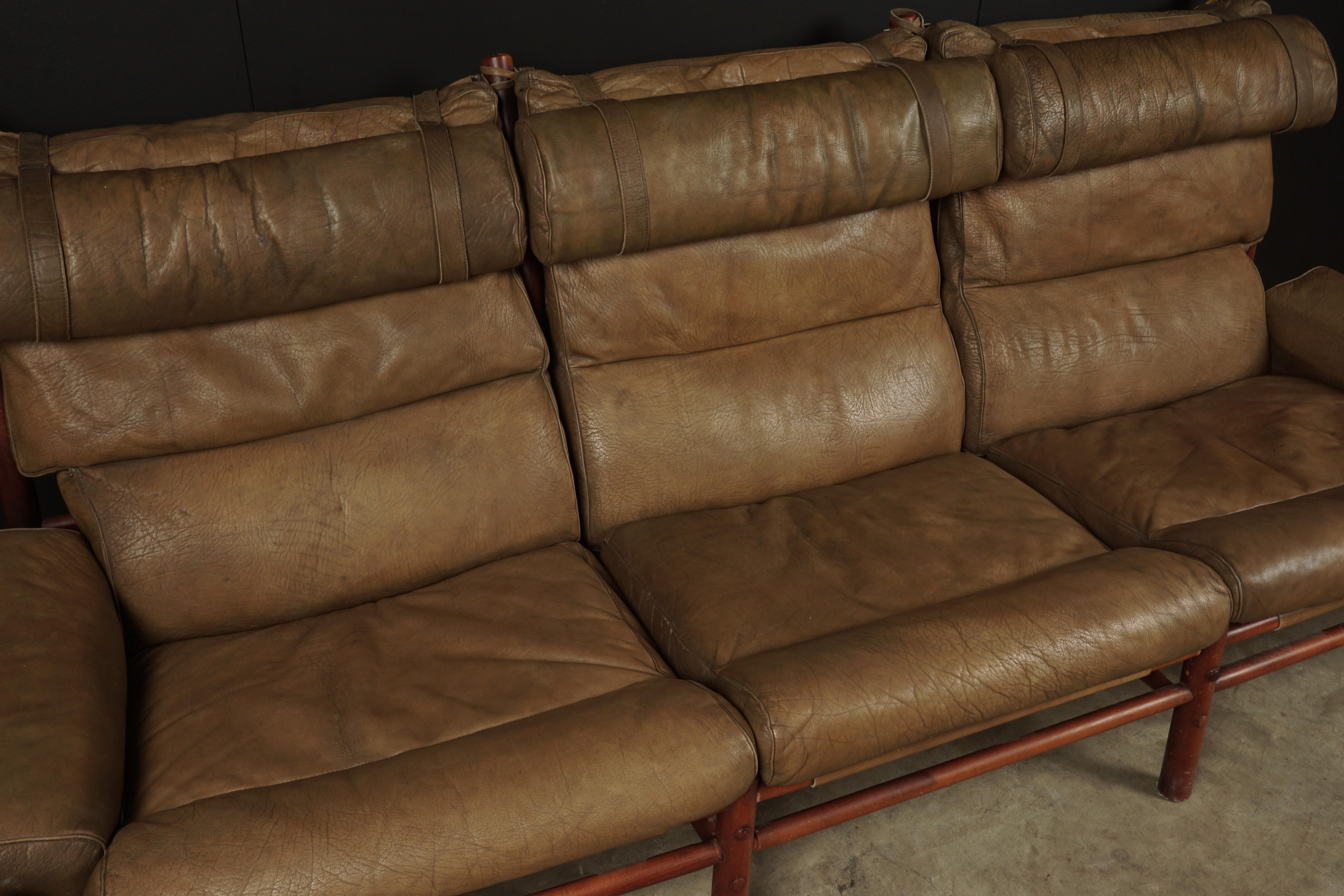 Midcentury sofa designed by Arne Norell, model Inca, circa 1970. Original thick brown leather with patina on a solid birch frame. Manufactured by Arne Norell AB, Aneby Sweden.