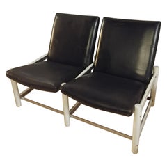 Mid Century Sofa Black Leather Metal by Dal Vera 2-Seat Italian Design 1950s