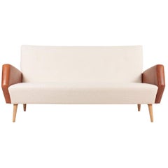 Midcentury Sofa in Bouclé and Patinated Leather by Gio Ponti, 1950s