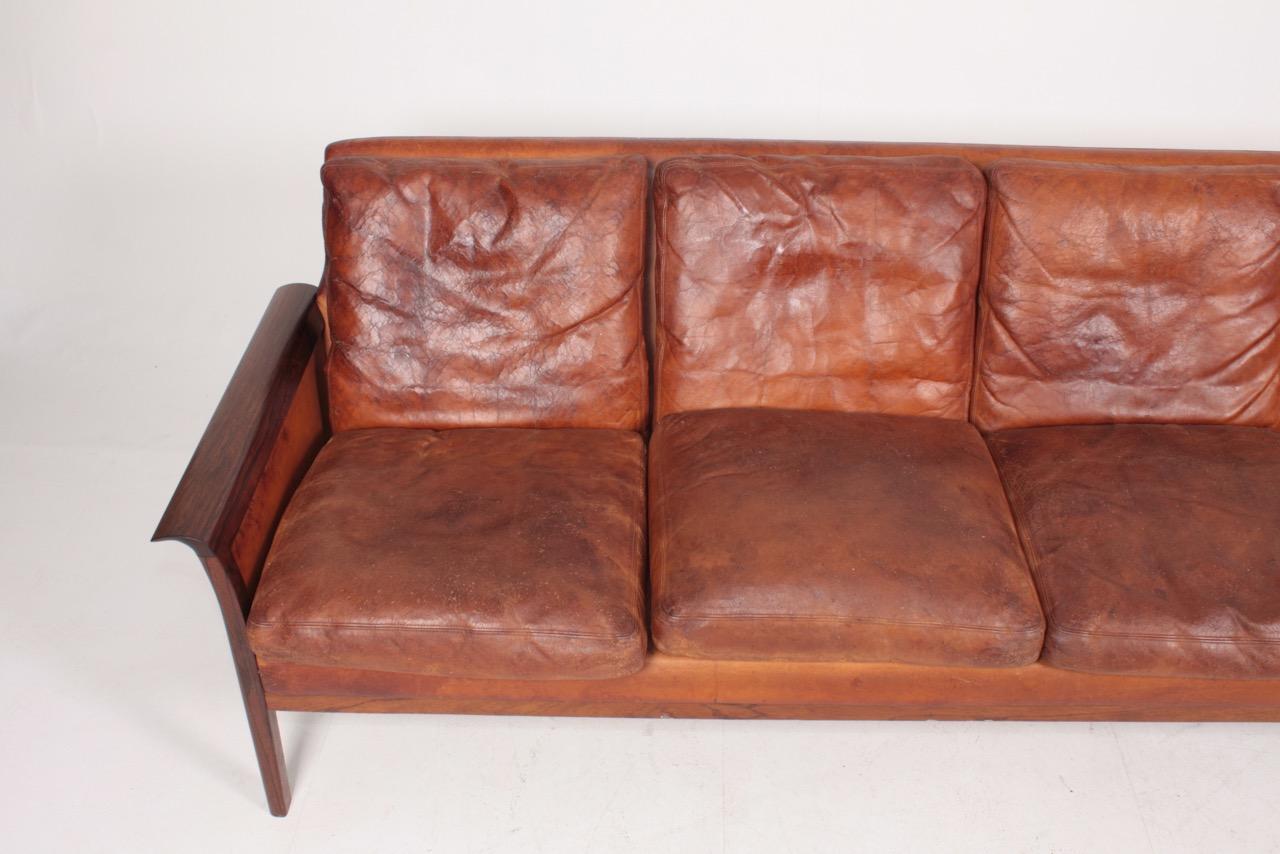 Mid-20th Century Midcentury Sofa in Patinated Leather and Solid Rosewood, Danish Design, 1950s