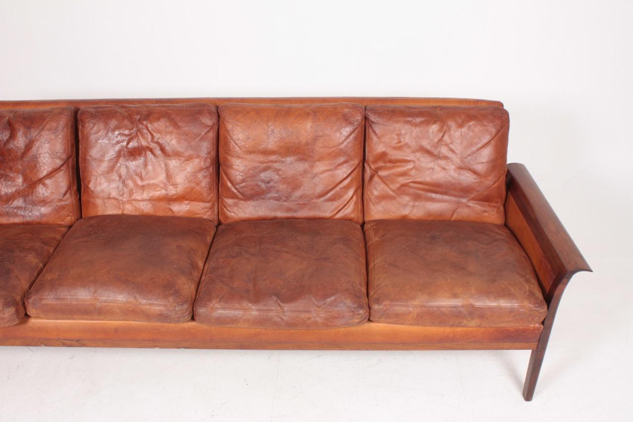 Midcentury Sofa in Patinated Leather and Solid Rosewood, Danish Design, 1950s 1