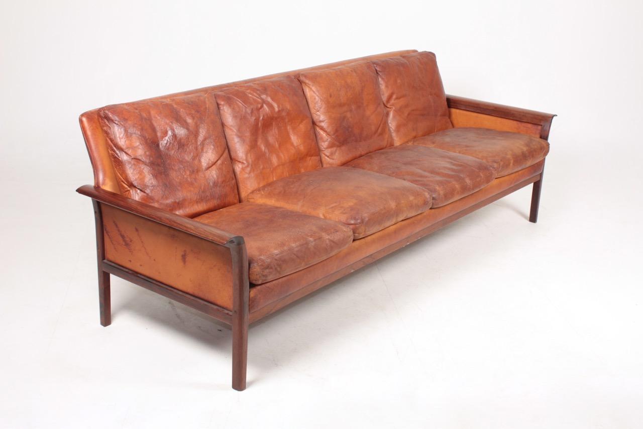 Midcentury Sofa in Patinated Leather and Solid Rosewood, Danish Design, 1950s 3