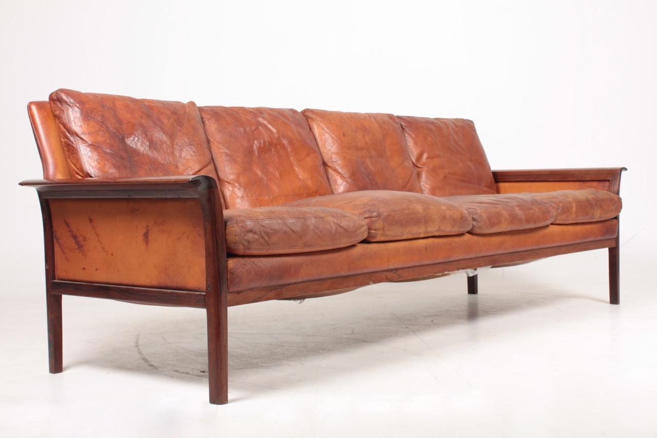 Midcentury Sofa in Patinated Leather and Solid Rosewood, Danish Design, 1950s 4