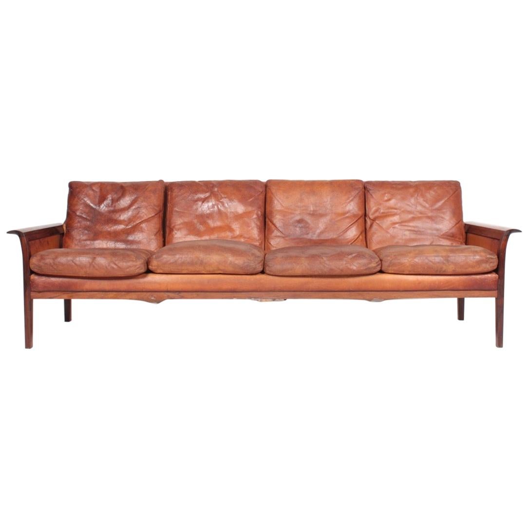 Midcentury Sofa in Patinated Leather and Solid Rosewood, Danish Design, 1950s