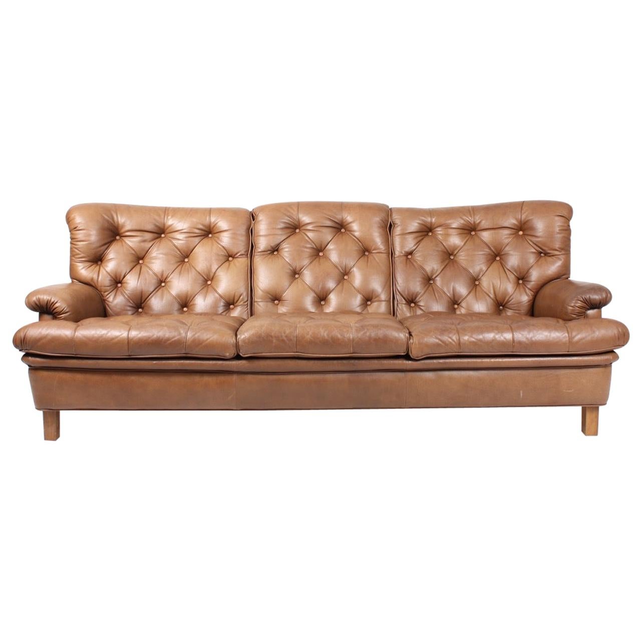 Midcentury Sofa in Patinated Leather by Arne Norell, Made in Sweden, 1960s