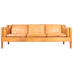Midcentury Sofa in Patinated Natural Leather by Børge Mogensen, Made in Denmark
