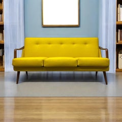 Midcentury Sofa Teak Yellow Wool Three Seater