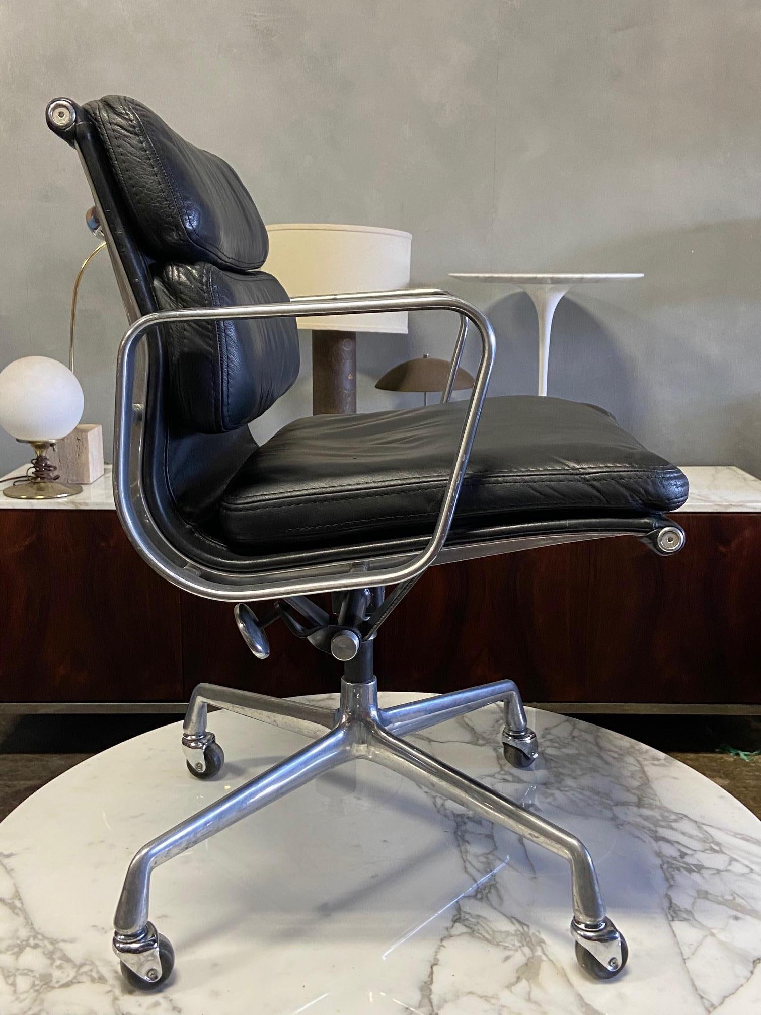 For your consideration is this authentic Eames for Herman Miller vintage soft pad chairs in brown leather. Adjustable tilt and height adjustment. This authentic vintage example is an icon of Mid-Century Modern design. This chair is part of the Eames