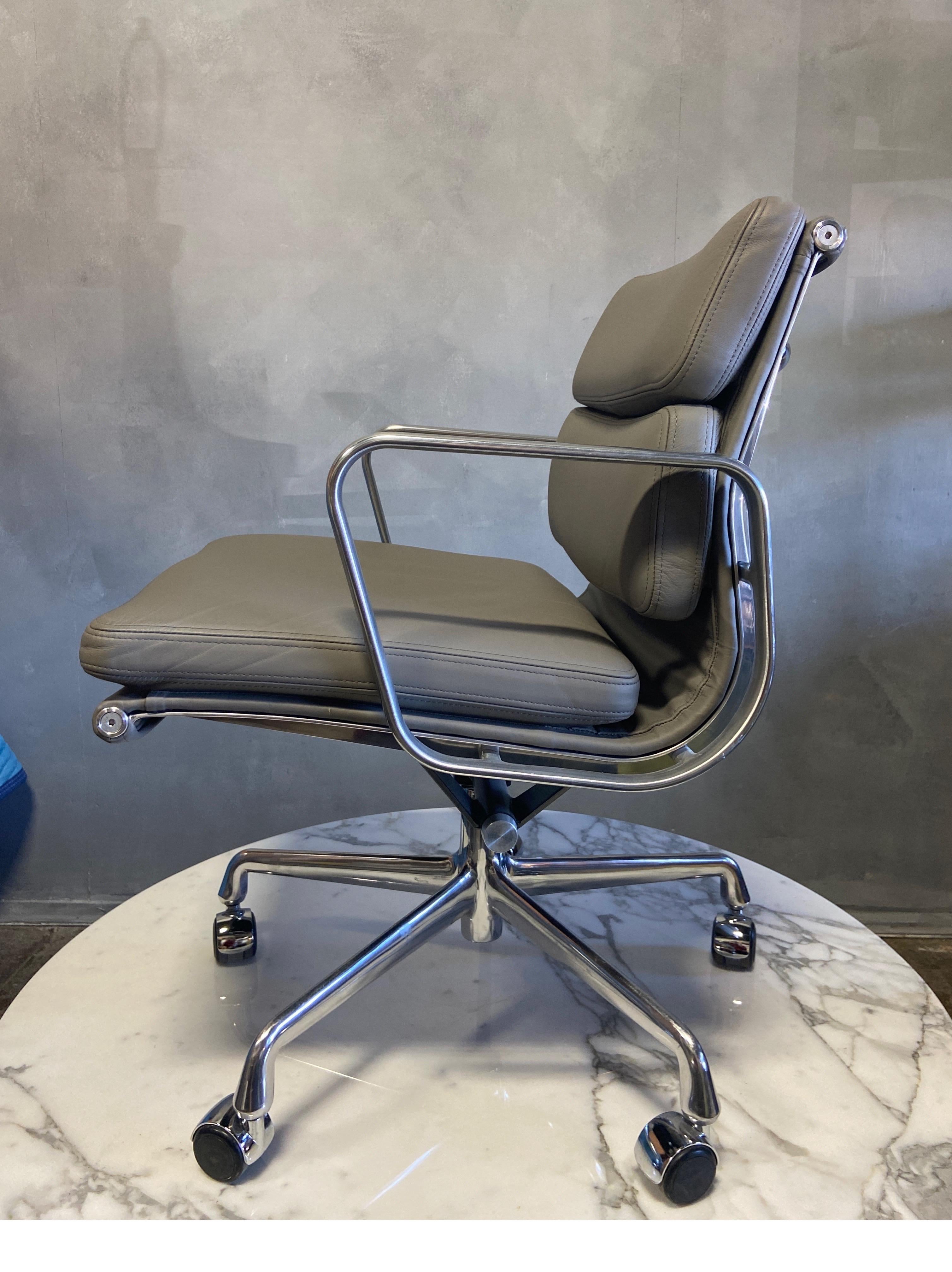 For your consideration is this authentic Eames for Herman Miller vintage soft pad chairs in Grey leather. Adjustable tilt on a 5 star base. These authentic vintage examples are icons of Mid-Century Modern design. These chairs are part of the Eames