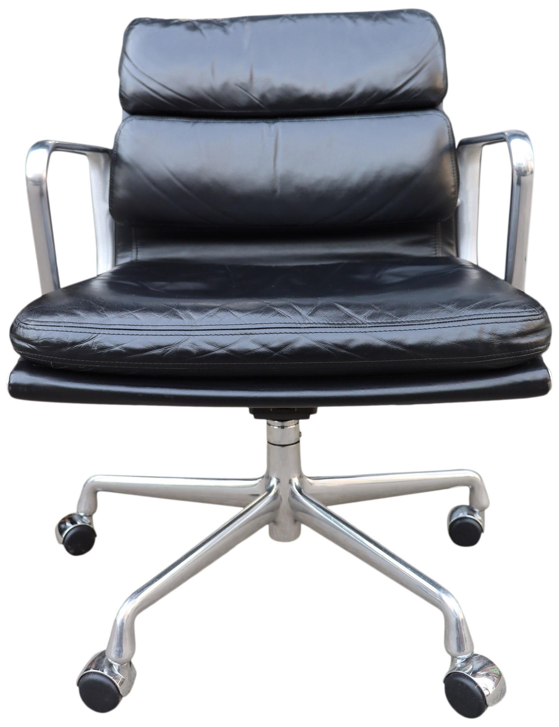 For your consideration we have up to 50 Eames for Herman Miller soft pad chairs in black leather with low backs. Manual height and tilt with 5 star base

These authentic vintage examples are icons of Mid-Century Modern design. The chairs part of the