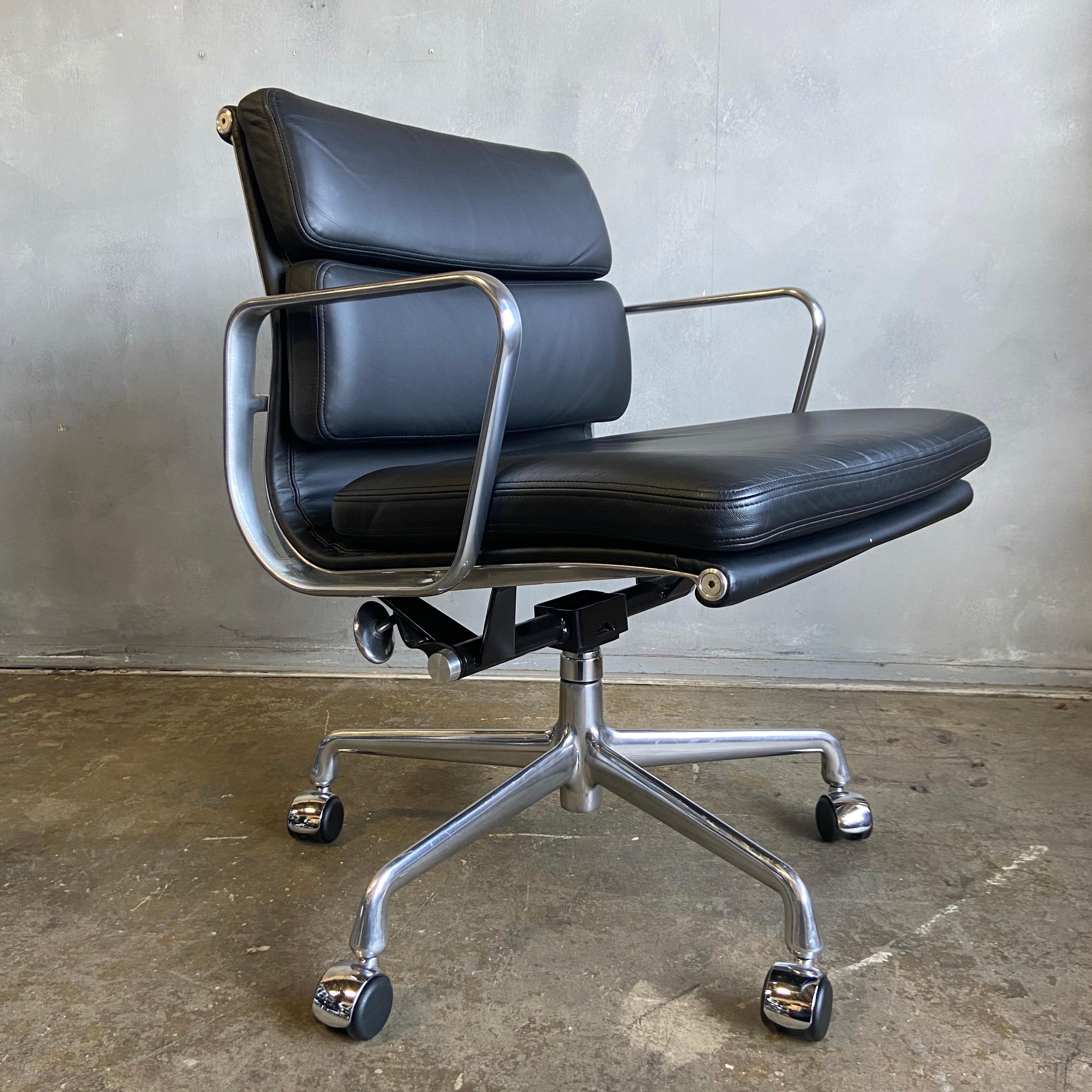 For your consideration we have up to 30 Eames for Herman Miller Soft Pad Executive chairs in black leather with low backs. These are from 2000’s. Full tilt, height adjustment, and swivel with carpet / hardwood casters. Some marks on arms from