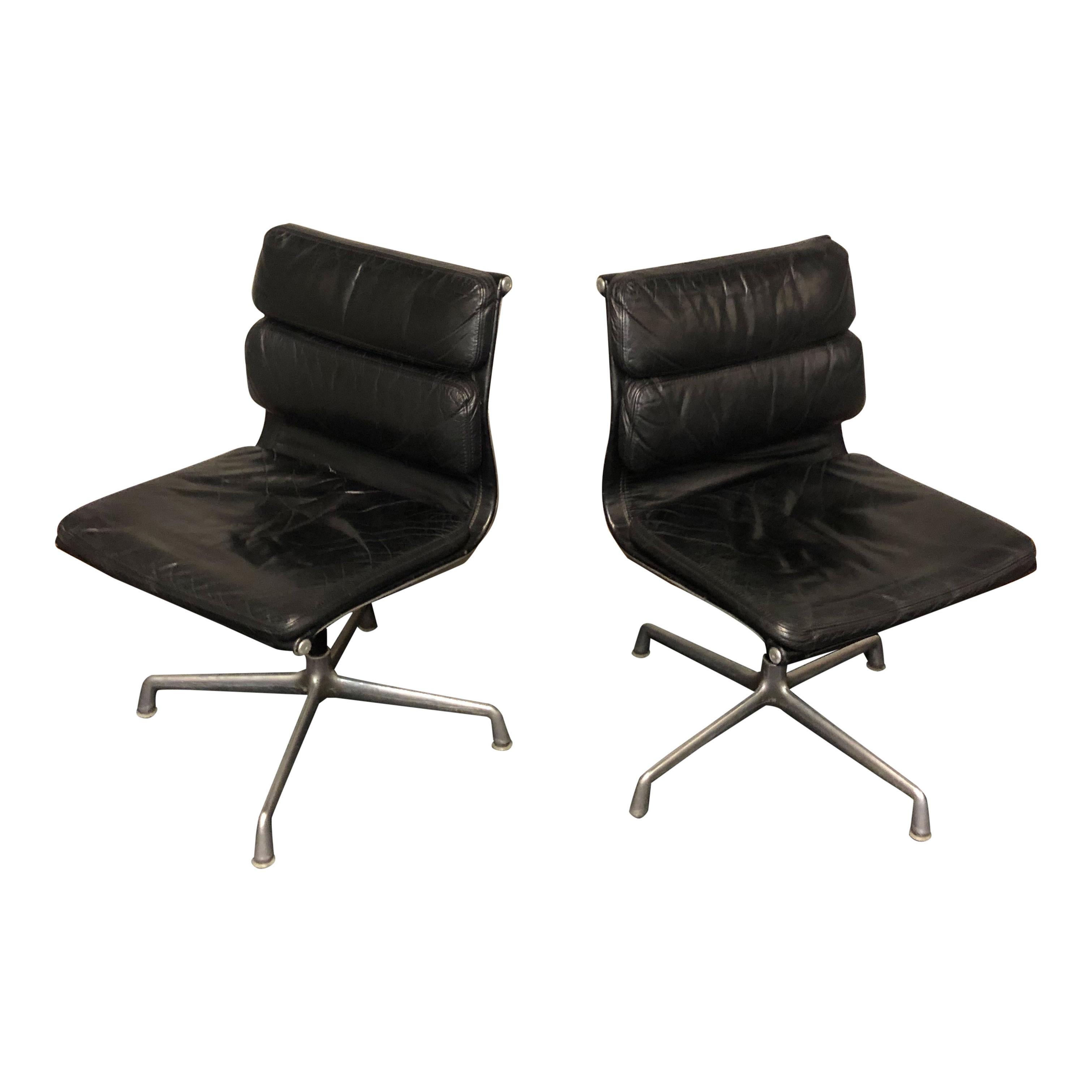 Aluminum Midcentury Soft Pad Side Chairs by Eames for Herman Miller in Black Leather