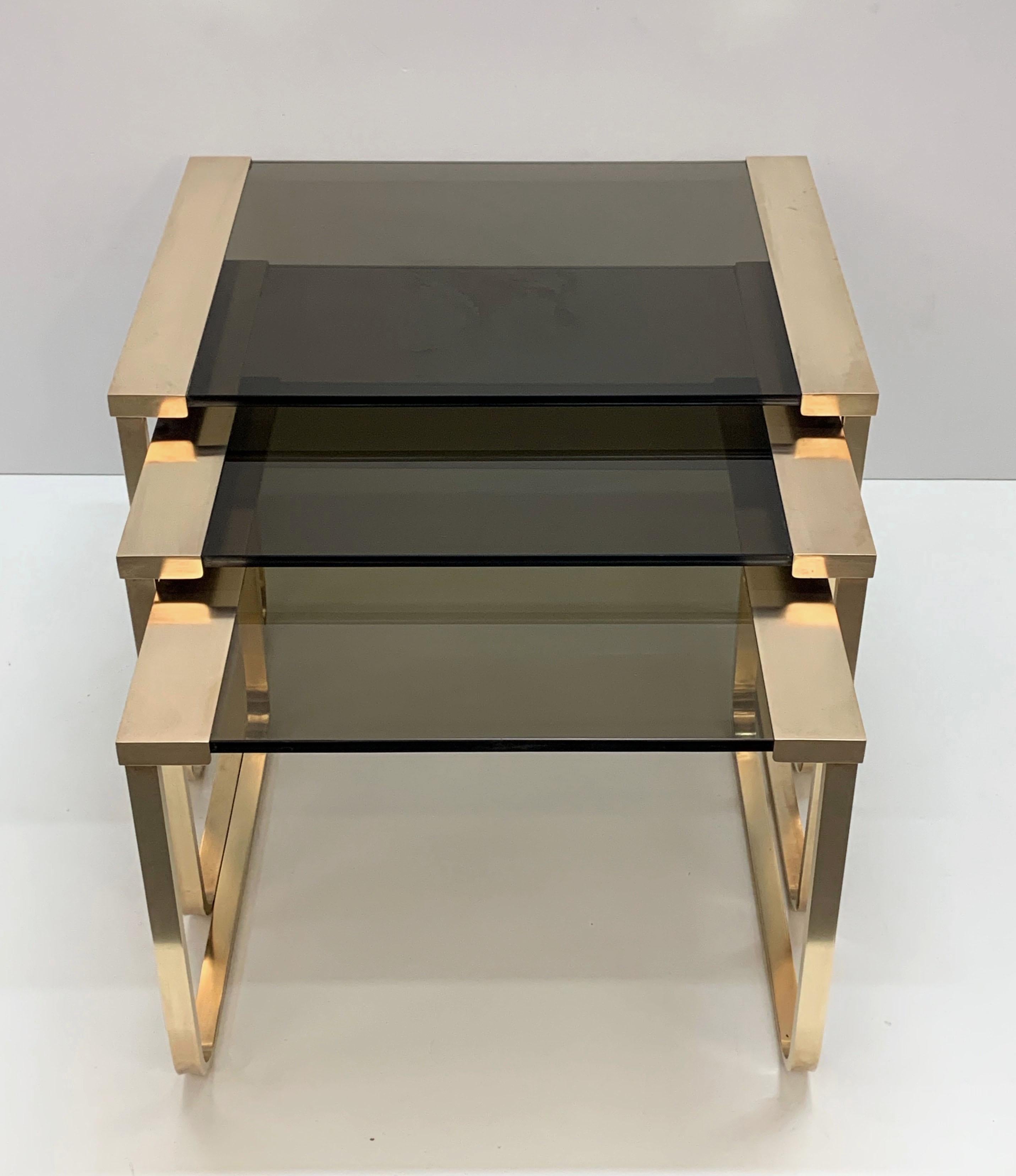 Midcentury Solid Brass and Smoked Glass France Interlocking Side Tables, 1970s For Sale 6