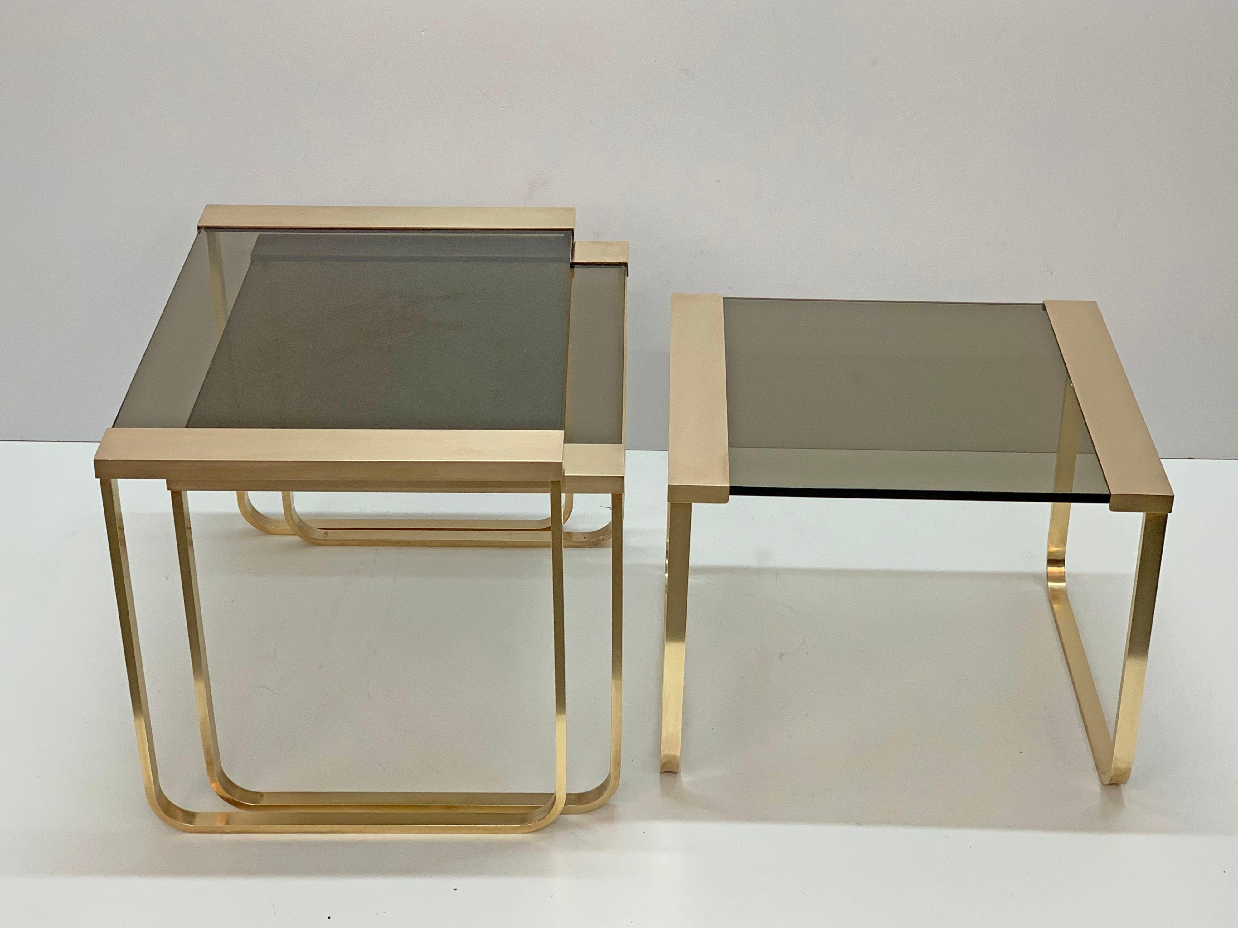 Midcentury Solid Brass and Smoked Glass France Interlocking Side Tables, 1970s For Sale 7