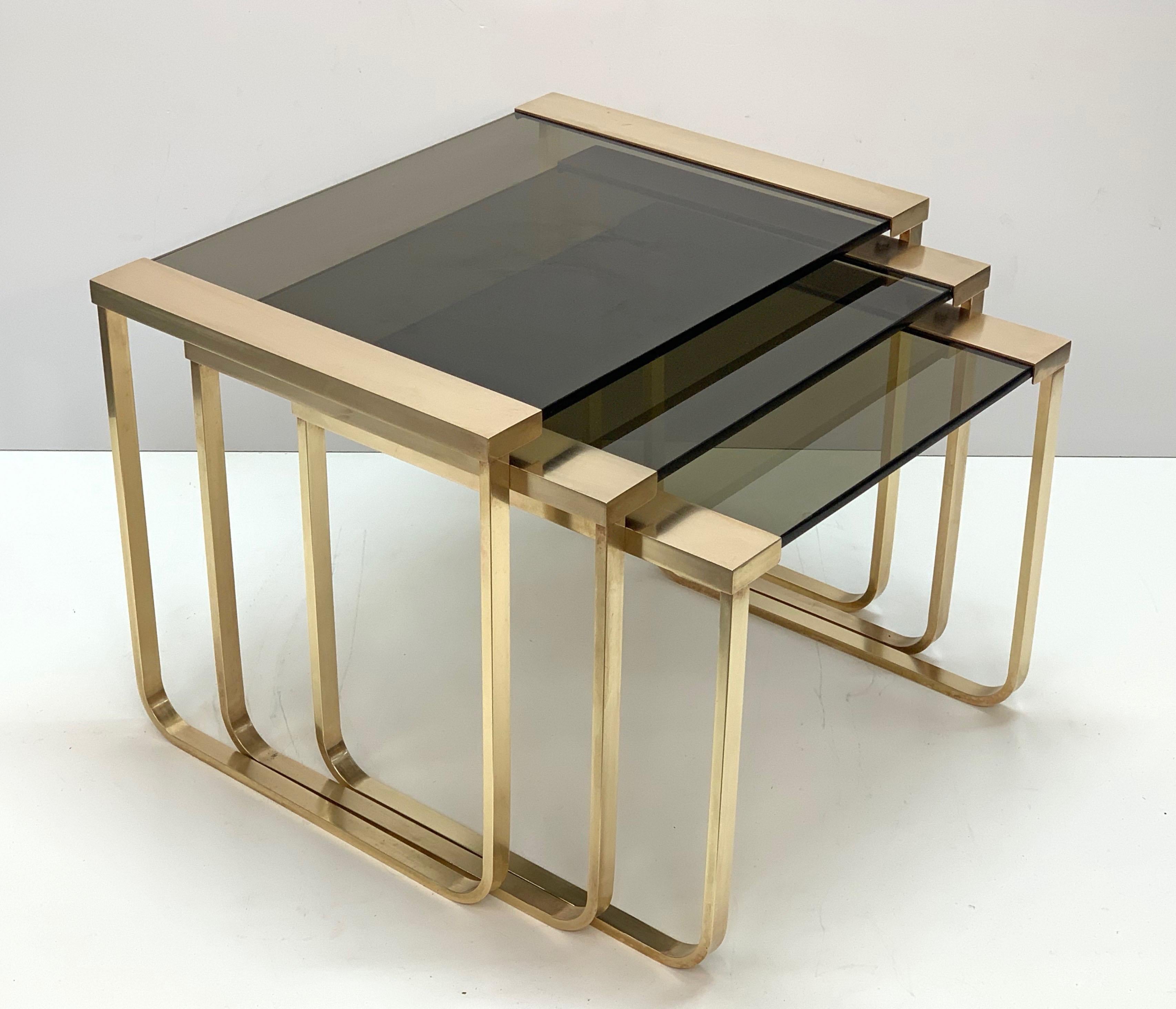 Mid-Century Modern Midcentury Solid Brass and Smoked Glass France Interlocking Side Tables, 1970s For Sale