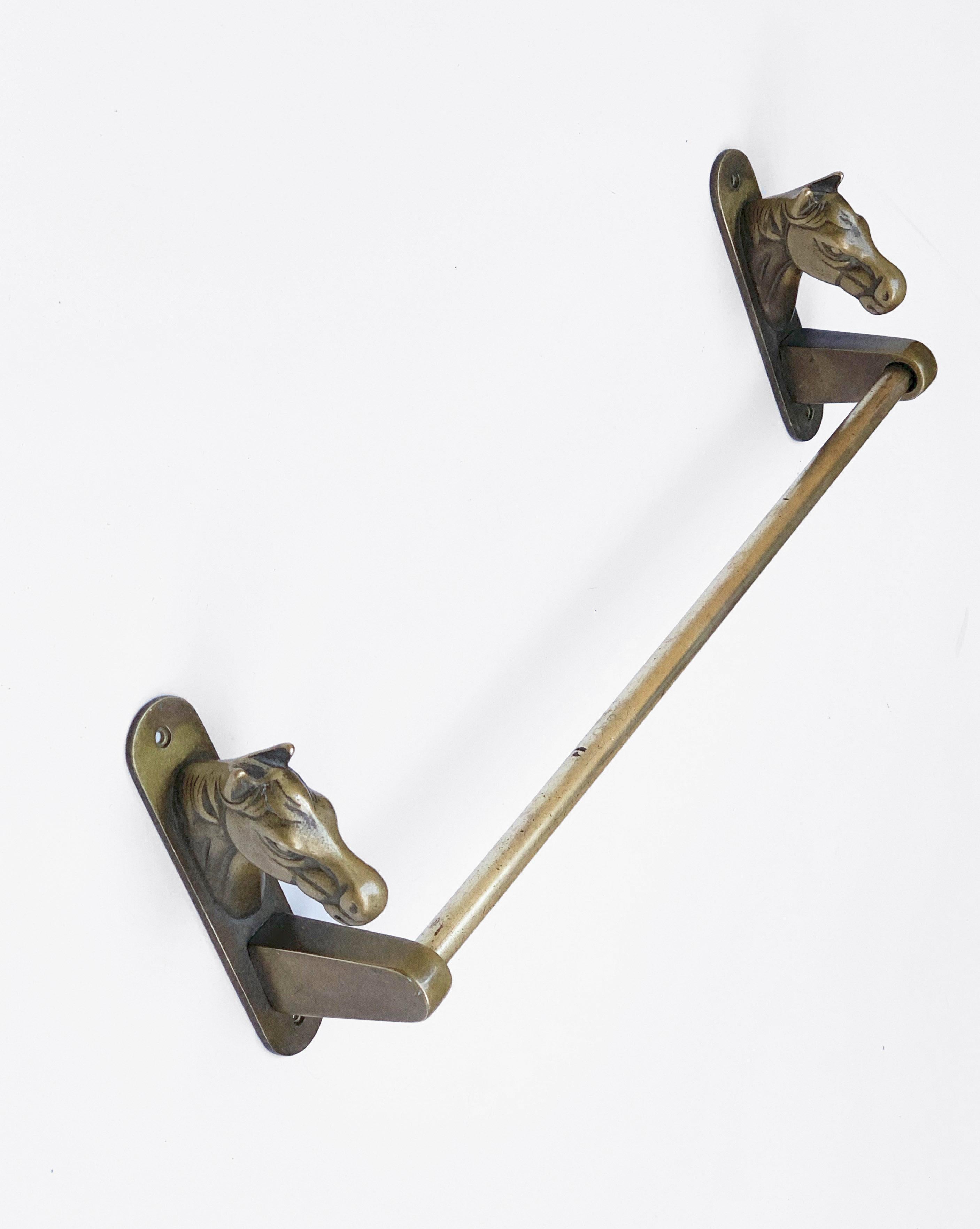 Mid-Century Modern Midcentury Solid Brass Italian Towel Holder with Horse Heads, 1950s For Sale