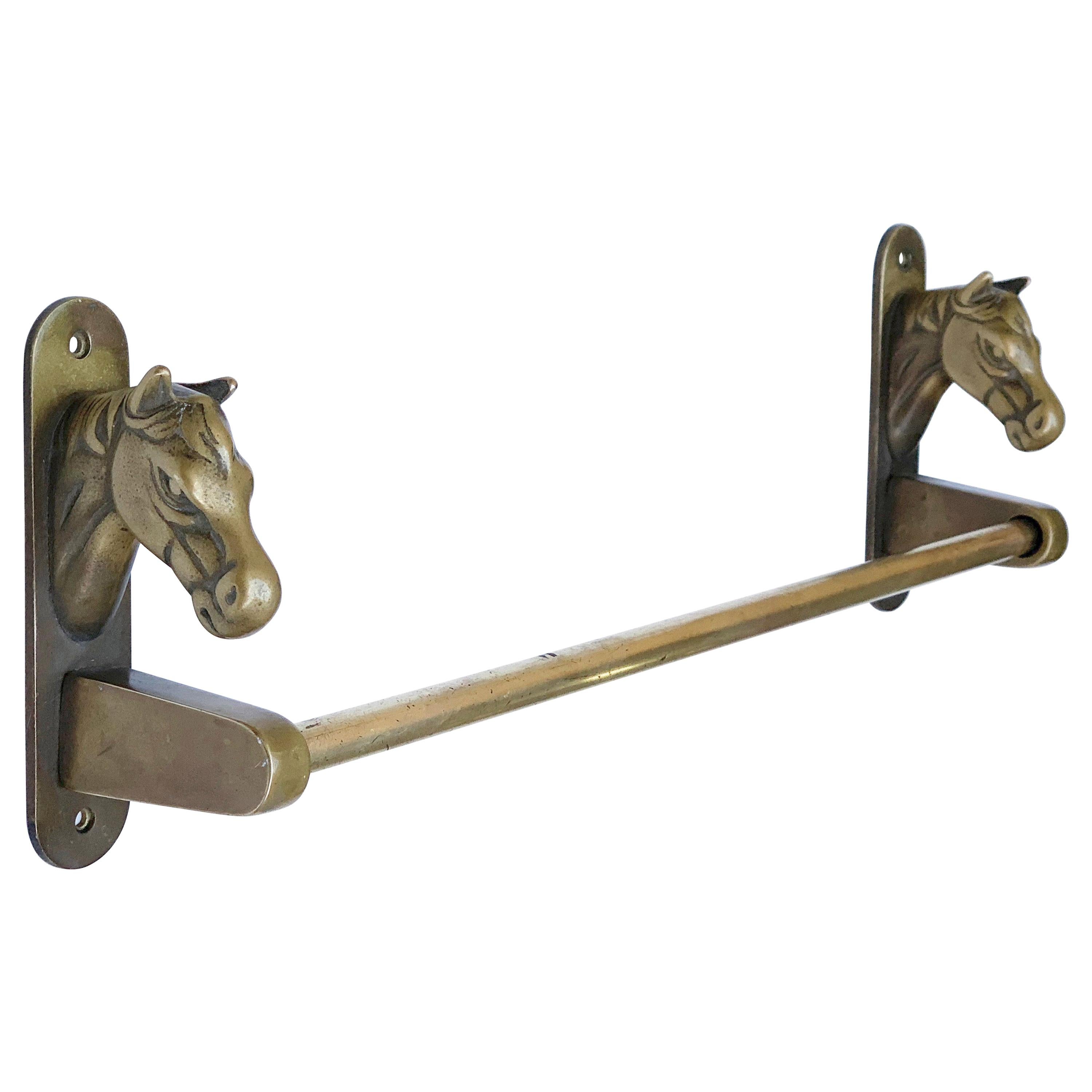 Midcentury Solid Brass Italian Towel Holder with Horse Heads, 1950s