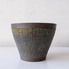 Midcentury Solid Brass Planter with Geometric Pattern