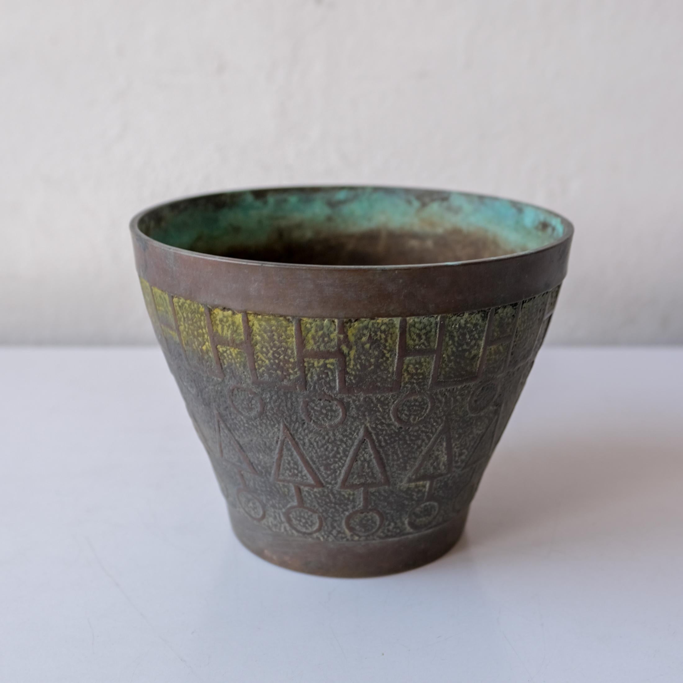 American Midcentury Solid Brass Planter with Geometric Pattern For Sale