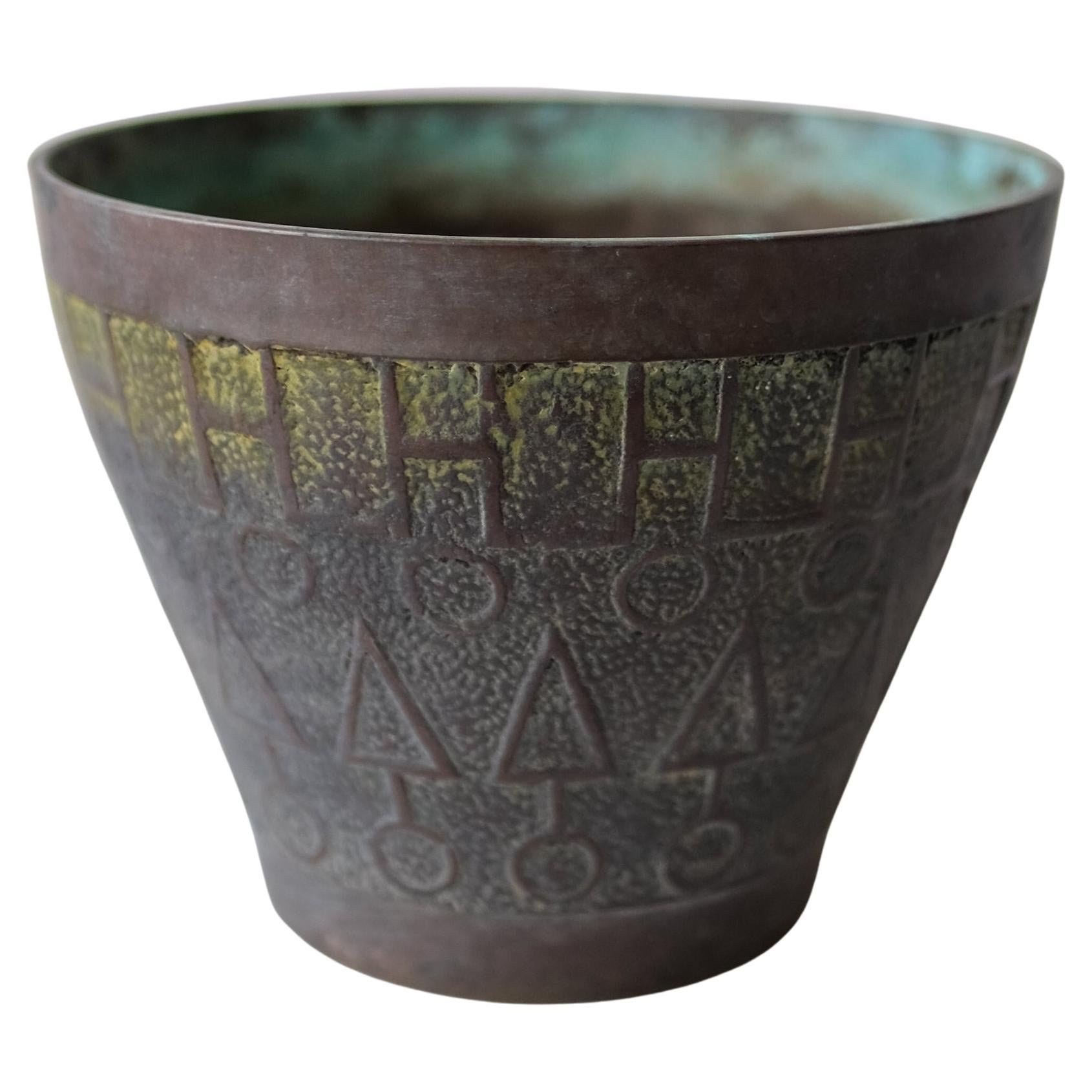 Midcentury Solid Brass Planter with Geometric Pattern For Sale