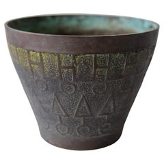 Midcentury Solid Brass Planter with Geometric Pattern