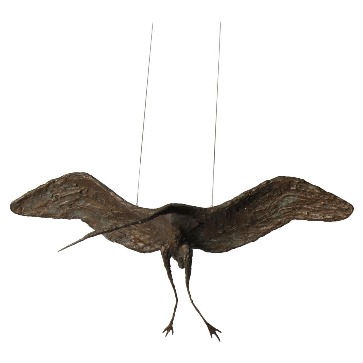 Midcentury Solid Bronze Heron Sculpture For Sale