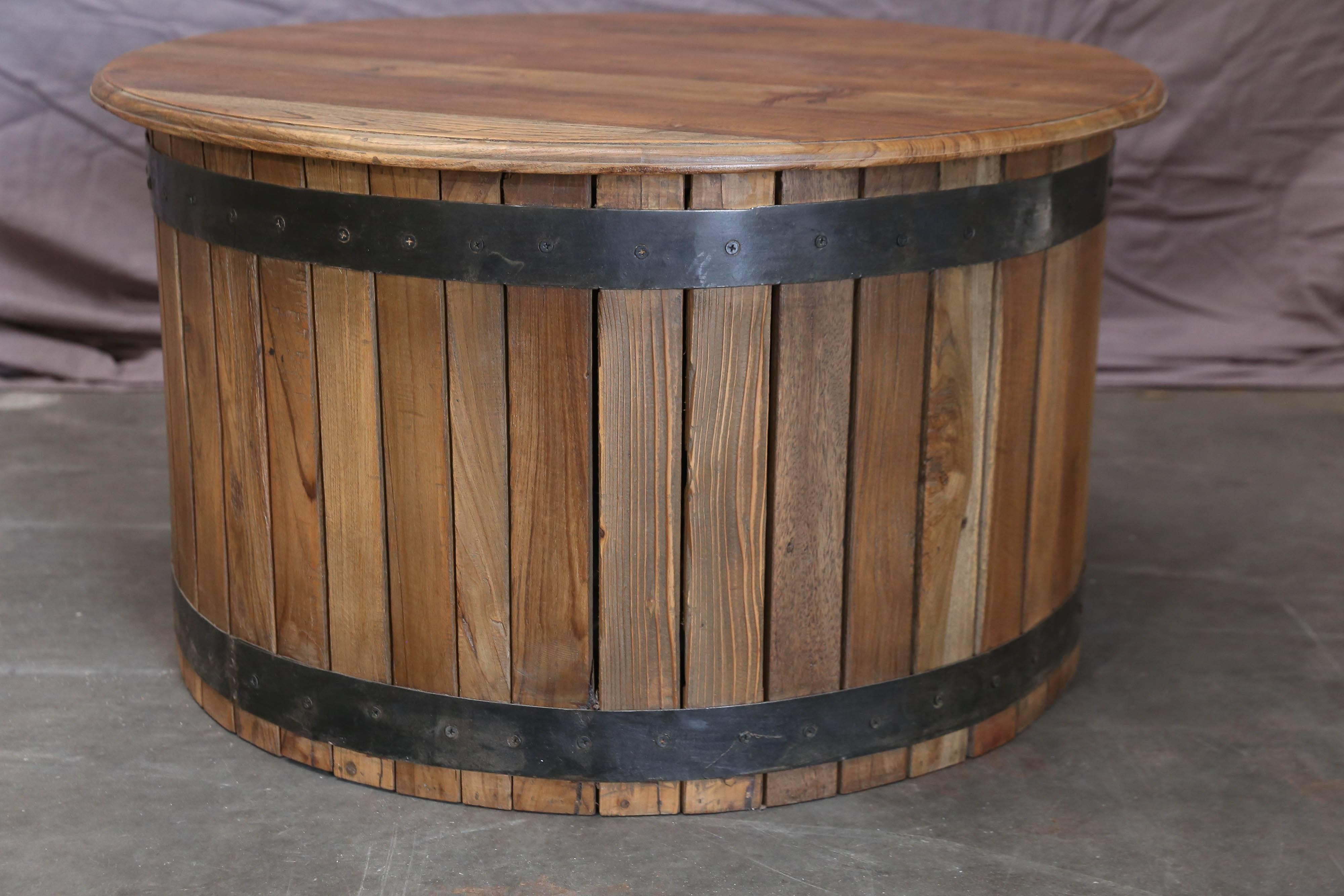 Indian Midcentury Solid Teakwood Round Cocktail Table Made with Recycled Old Beams For Sale