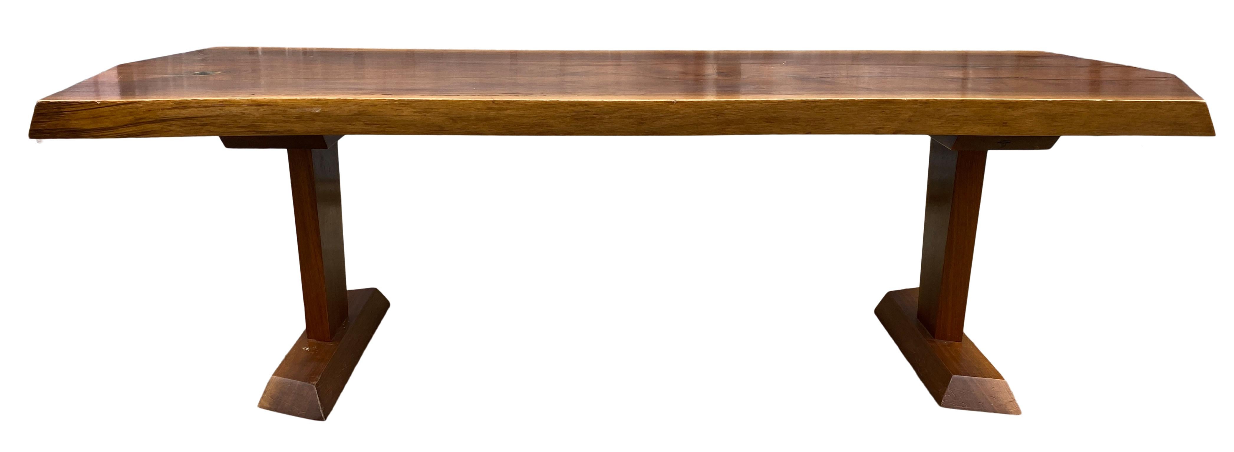 Beautiful 1960s in style of George Nakashima solid walnut 4' long bench or coffee table. beautiful walnut slab, Minimalist design. Very delicate designed Bench Japanese modern style midcentury American Studio craft. All solid walnut. Very minimalist