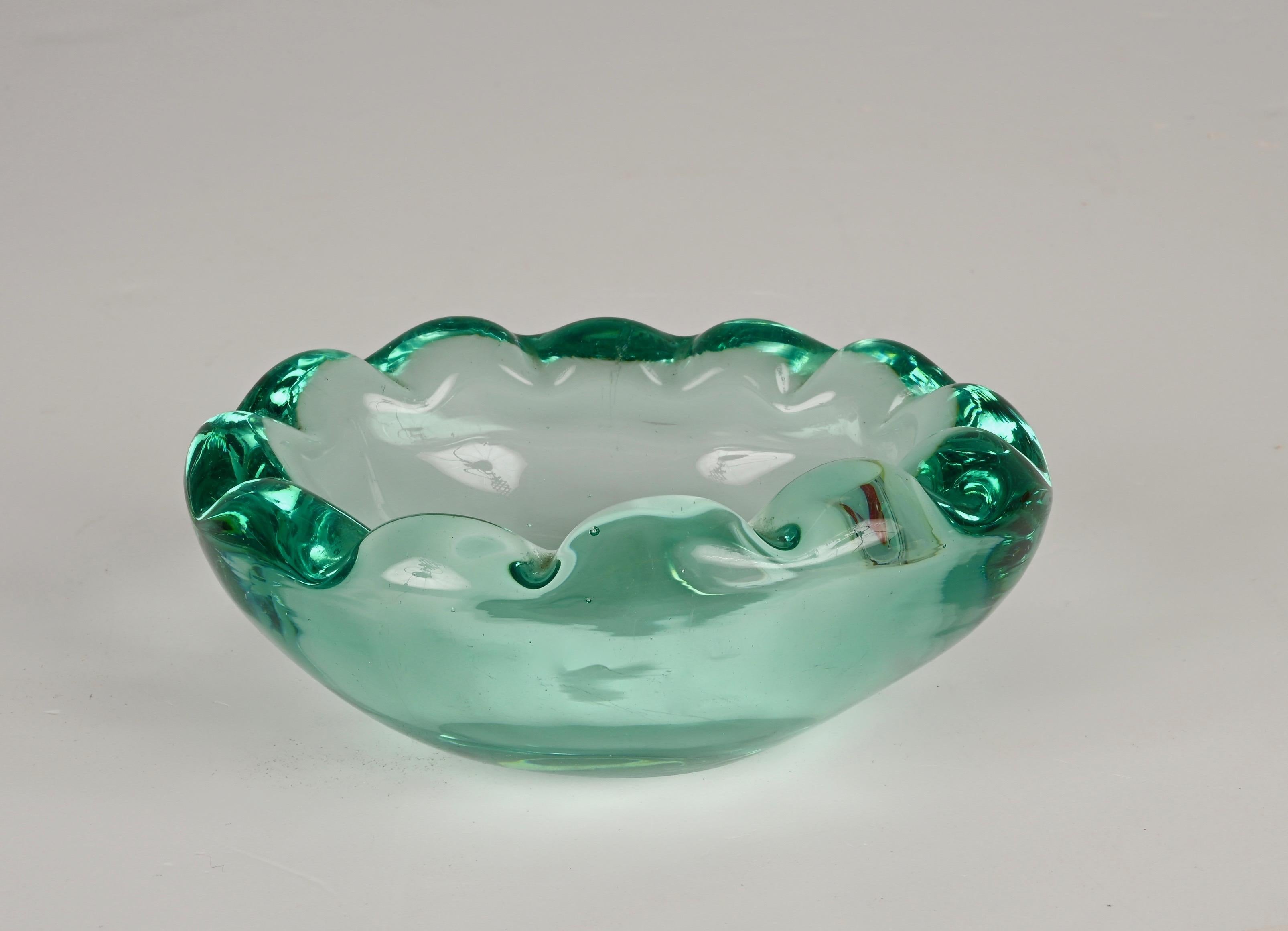 20th Century Mid-Century Sommerso Murano Crystal Green Glass Italian Decorative Bowl, 1960s