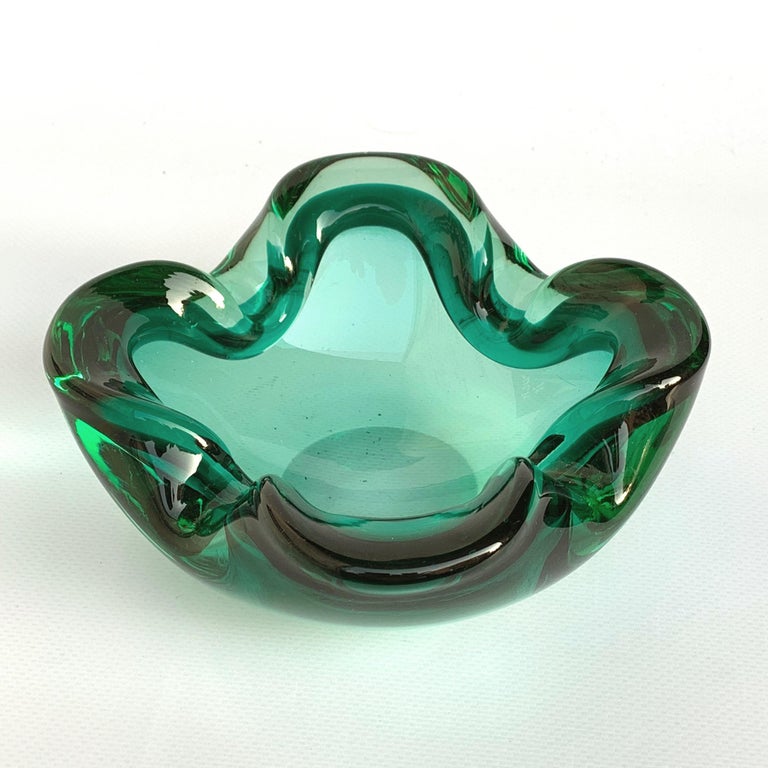 Midcentury Sommerso Murano Green Glass Italian Decorative Bowl, 1960s