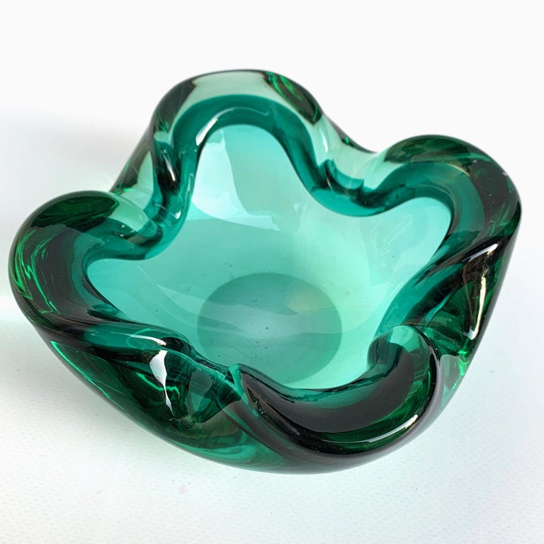 Midcentury Sommerso Murano Green Glass Italian Decorative Bowl, 1960s