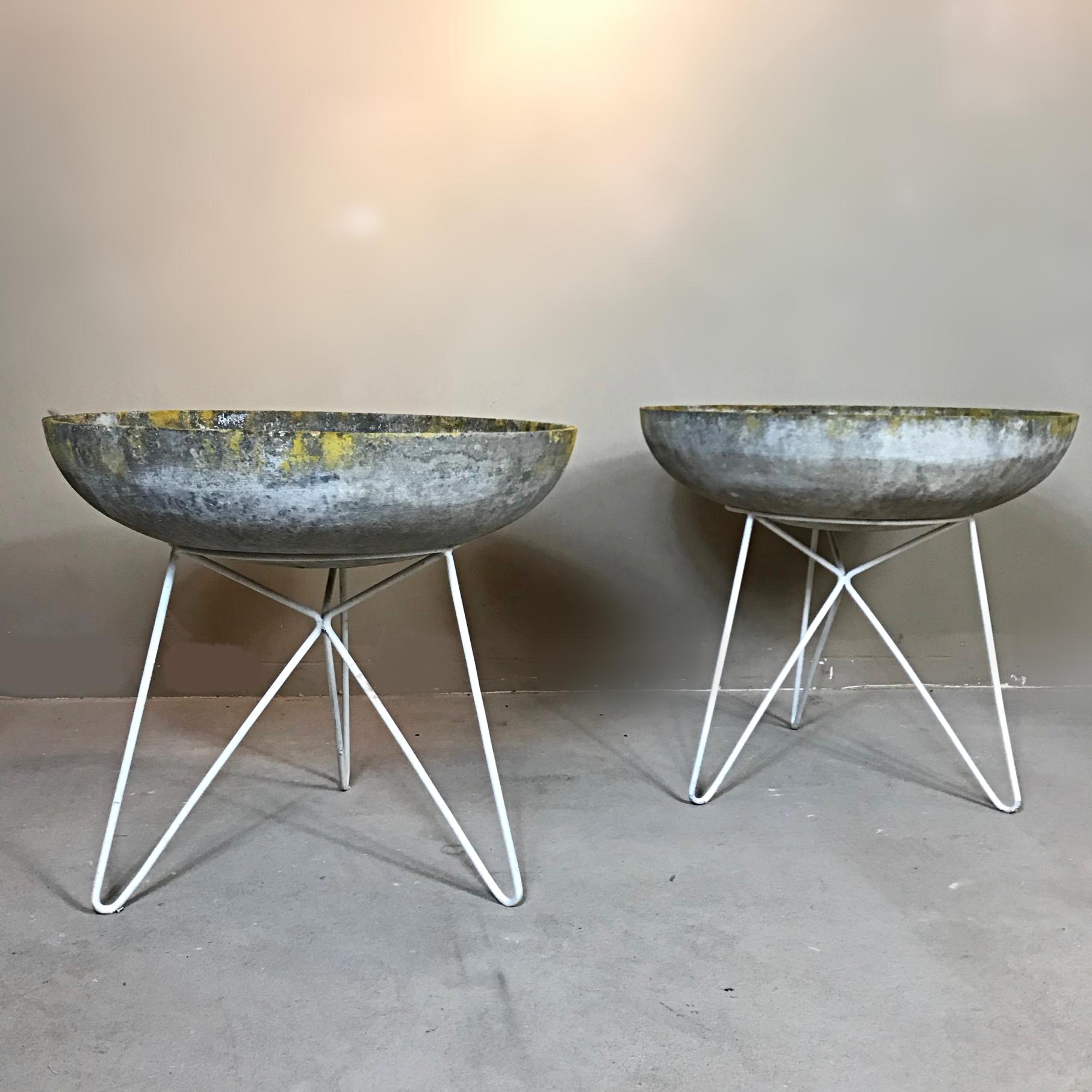 Karl Fostel Sonett formed stone saucer planter on a white lacquered hairpin iron base. Quite a rare offering from the famed Austrian architects, V. Mödlhammer and J. O. Wladar. We like the contrasting color tones and the lovely patina. They give
