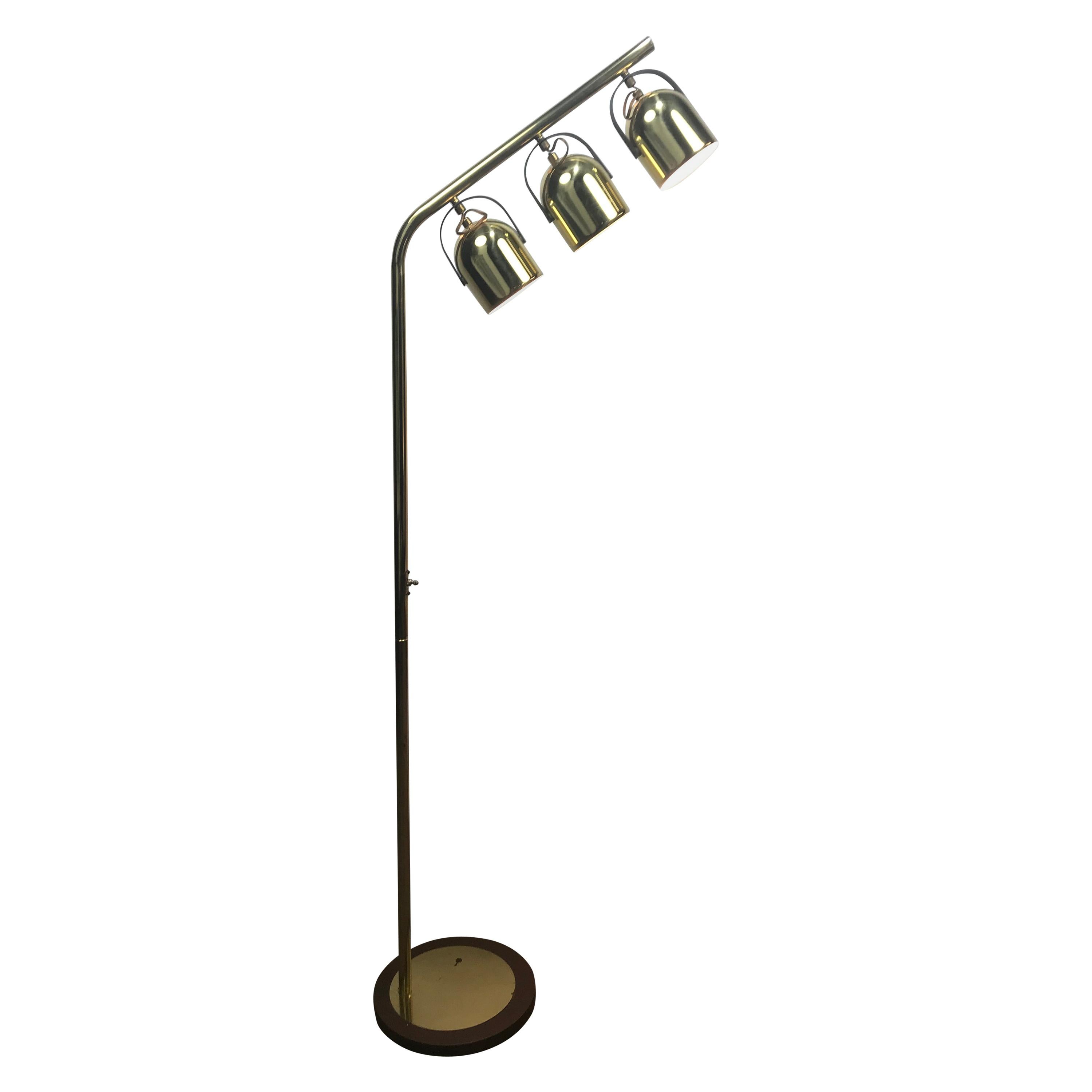 Midcentury Space Age Brass Floor Lamp with Three Pivoting Head after Regggiani