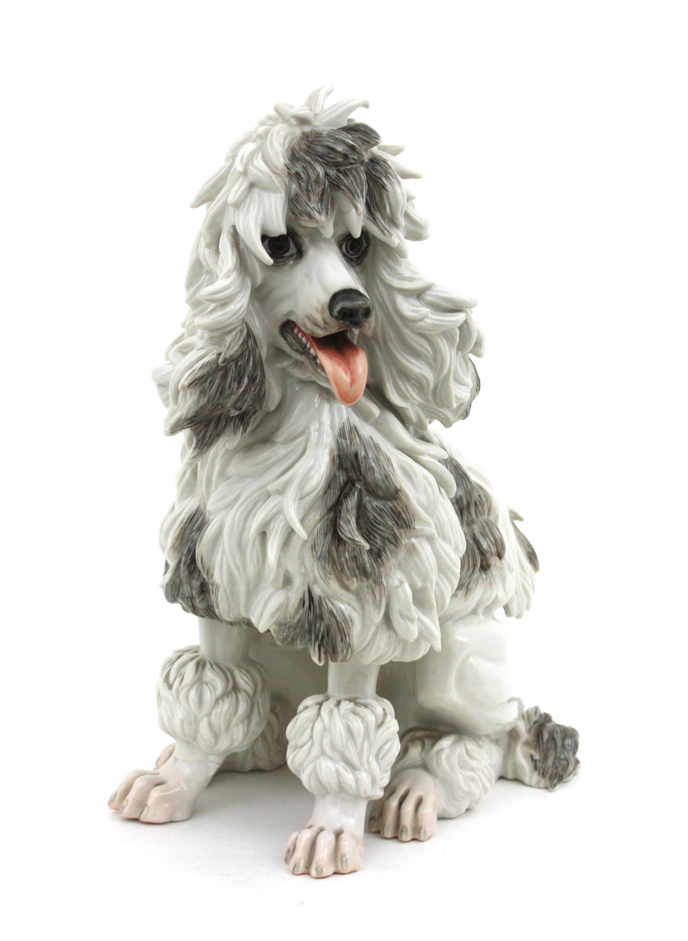 Eye-catching Porcelain Poodle Dog Sculpture. Manufactured by Algora, Spain, 1950s.
Very realistic finely handcrafted long hair poodle dog sculpture
Glazed Porcelain in white with gray brown accents.
Manufacturer's mark underneath
Stamp: ALGORA made