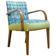 Midcentury Spanish Armchair In Blue and Green Herringbone Fabric