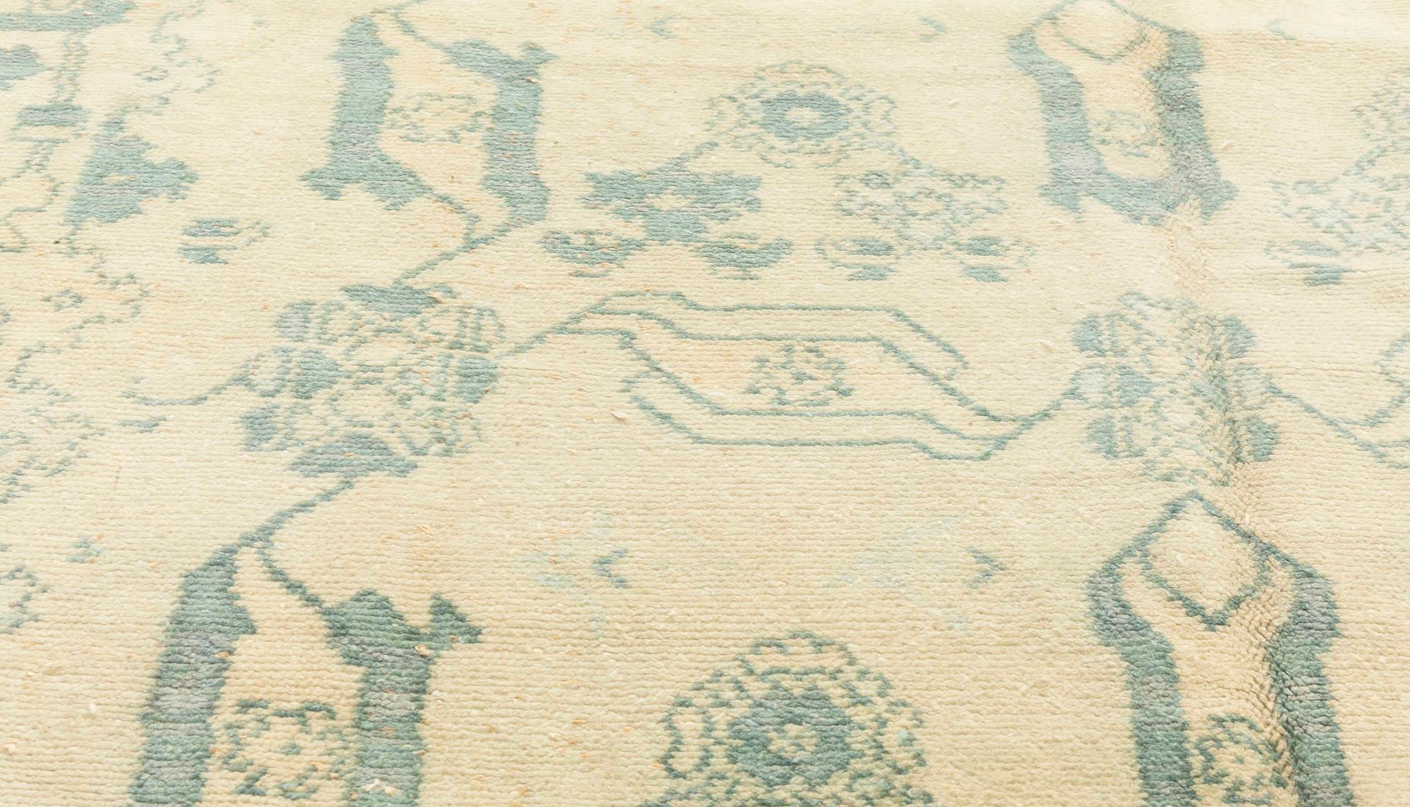 Hand-Knotted Midcentury Spanish Blue, Ivory Handmade Wool Rug For Sale