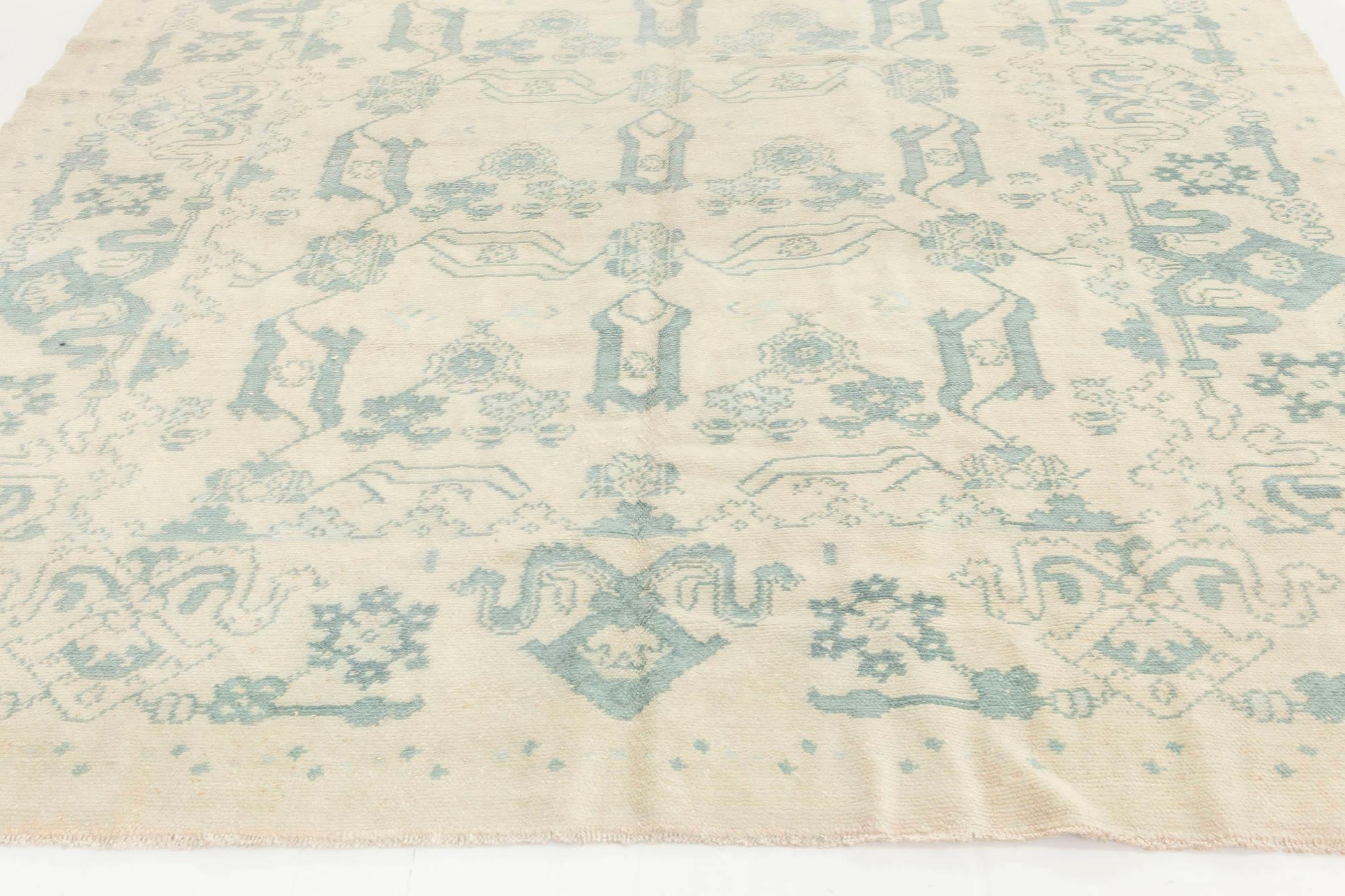 Midcentury Spanish Blue, Ivory Handmade Wool Rug In Good Condition For Sale In New York, NY