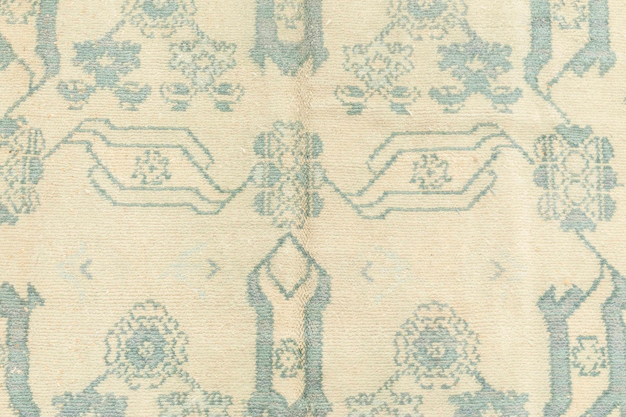 20th Century Midcentury Spanish Blue, Ivory Handmade Wool Rug For Sale