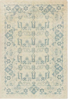 Midcentury Spanish Blue, Ivory Handmade Wool Rug