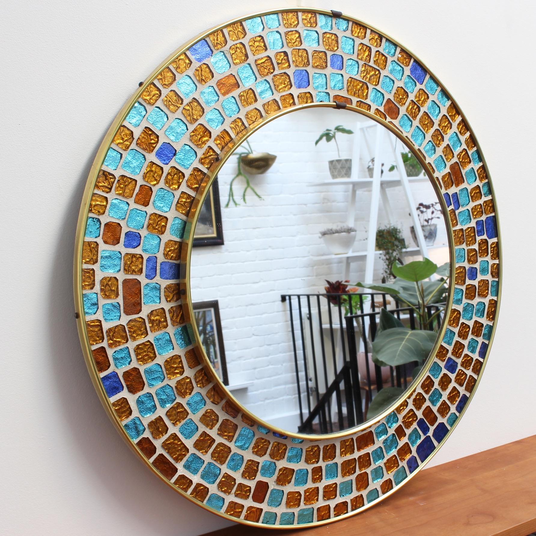 Midcentury Spanish Circular Brass Wall Mirror with Decorative Mosaic Glass 1960s 4