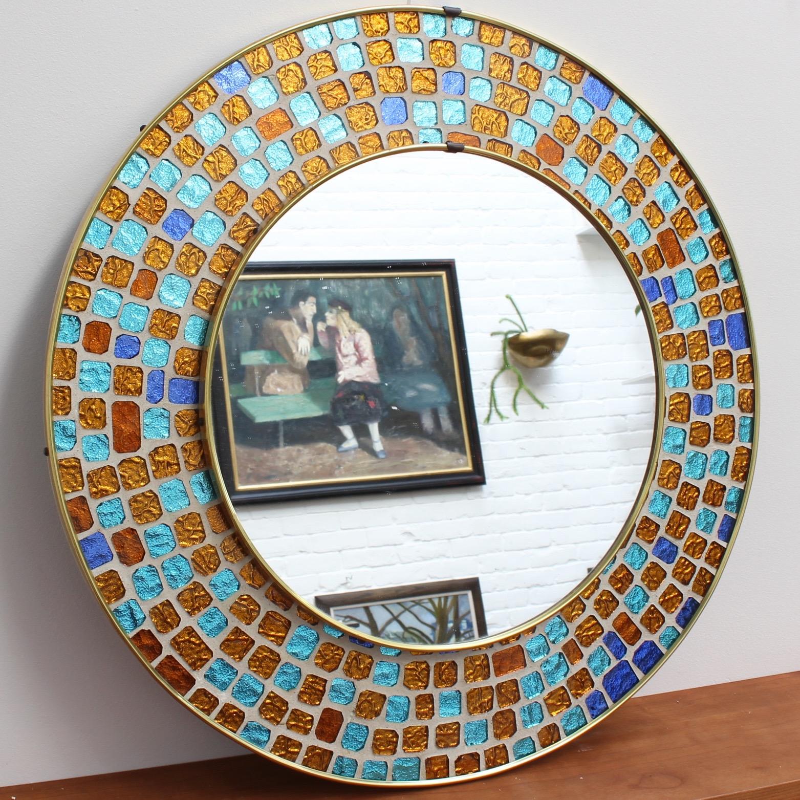 Bohemian Midcentury Spanish Circular Brass Wall Mirror with Decorative Mosaic Glass 1960s