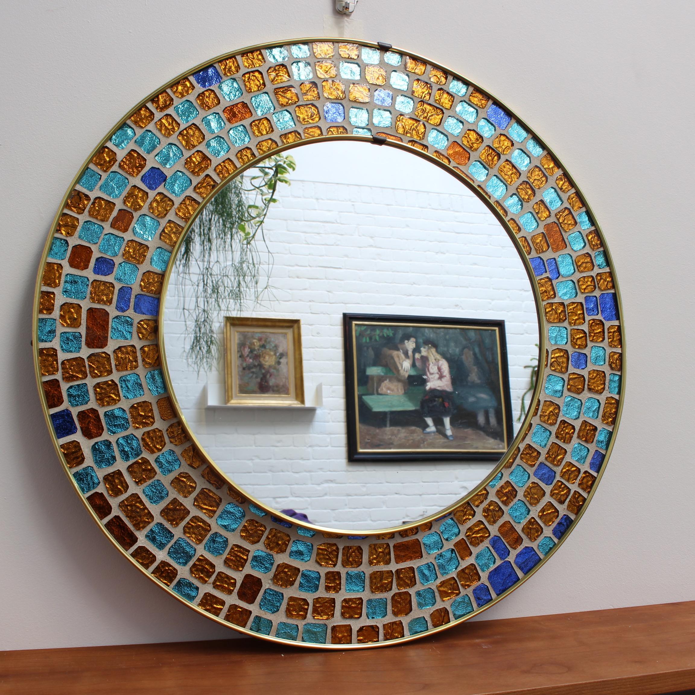 Midcentury Spanish Circular Brass Wall Mirror with Decorative Mosaic Glass 1960s In Good Condition In London, GB