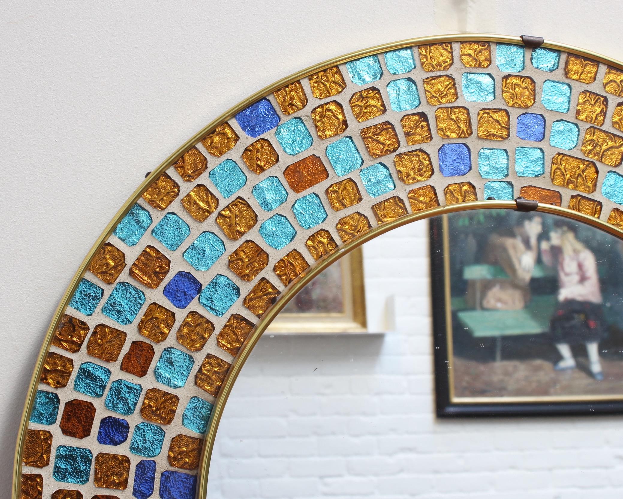 Mid-20th Century Midcentury Spanish Circular Brass Wall Mirror with Decorative Mosaic Glass 1960s