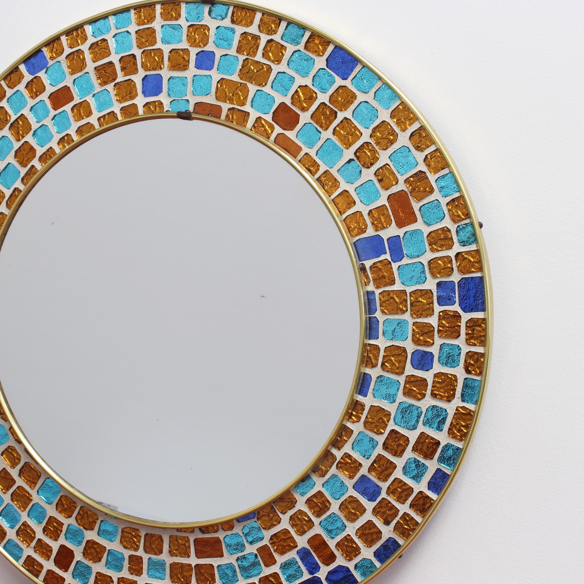 Cut Glass Midcentury Spanish Circular Brass Wall Mirror with Decorative Mosaic Glass 1960s