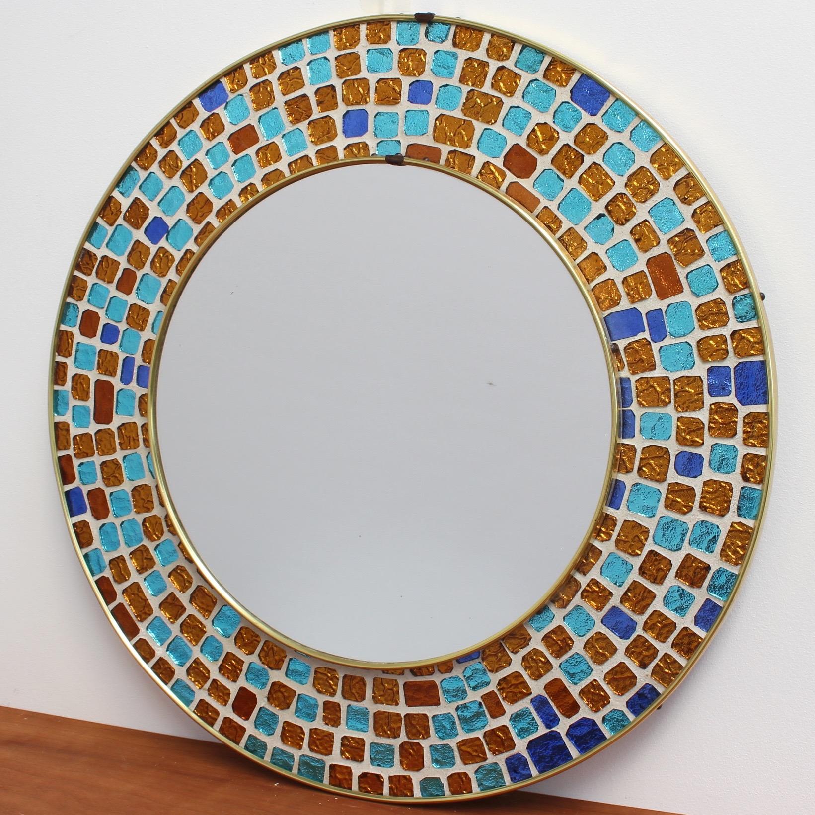 Midcentury Spanish Circular Brass Wall Mirror with Decorative Mosaic Glass 1960s 1